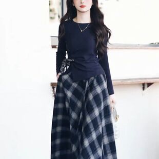 气质百搭系带上衣格纹轻奢半身裙 秋冬新款 玉美雅 旗舰精选套装