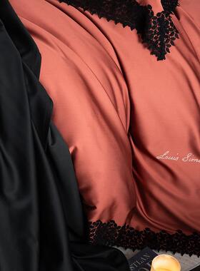 红套色结婚四件套12嫁0支天丝棉被光泽LA20250蕾感丝边亲肤陪床品