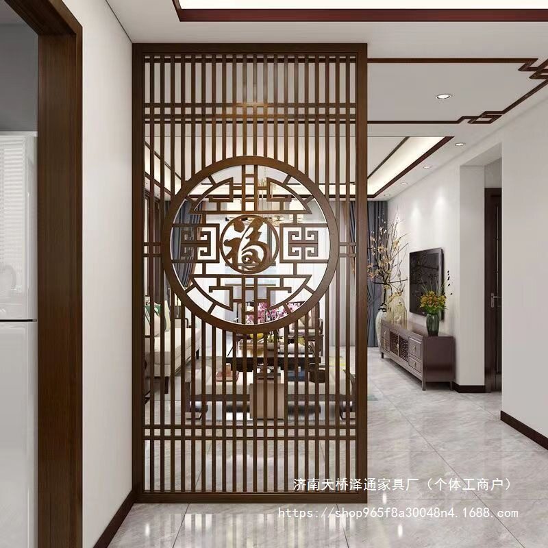 泽通新中式实木屏风入户门玄关隔断客厅家用遮挡镂空雕花福字格栅