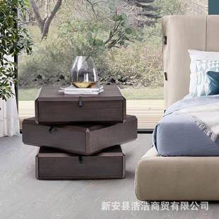 卧室实轻床头柜简约现代创意旋头转木极简网KHO红卧奢室实木旋转