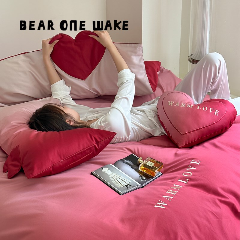 熊一醒醒高级婚庆全棉四件100S数码印花简约红色单被床上用品