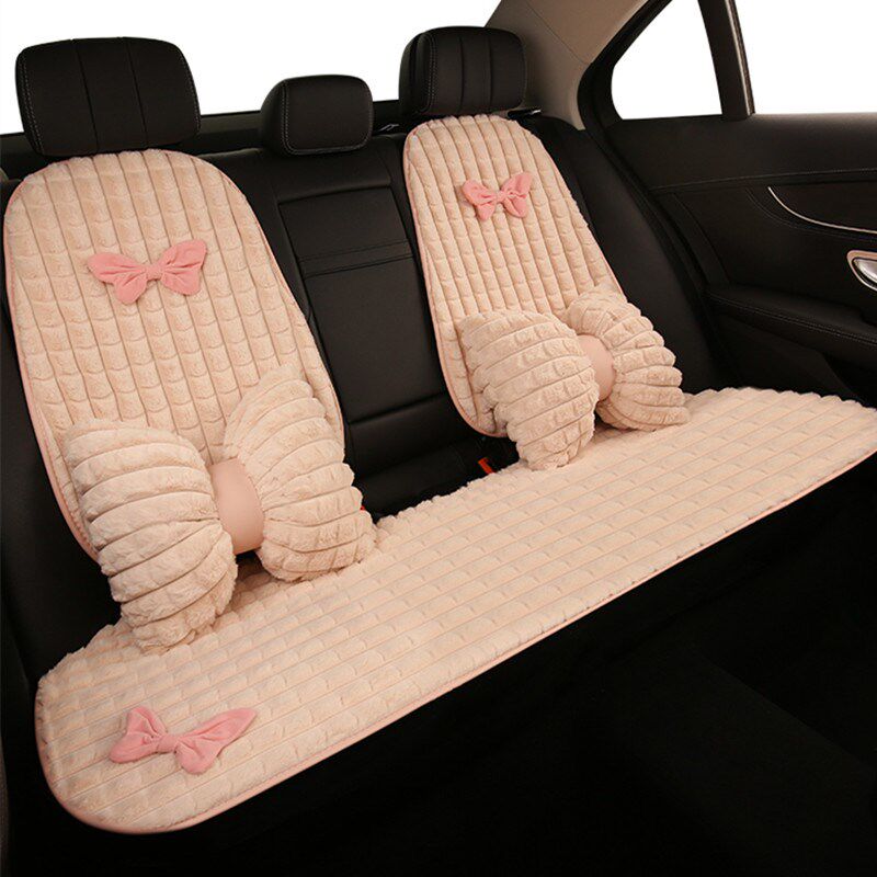 汽车坐垫秋冬季毛绒保暖座椅套汽车座垫蝴蝶结秋冬天加热粉色女士