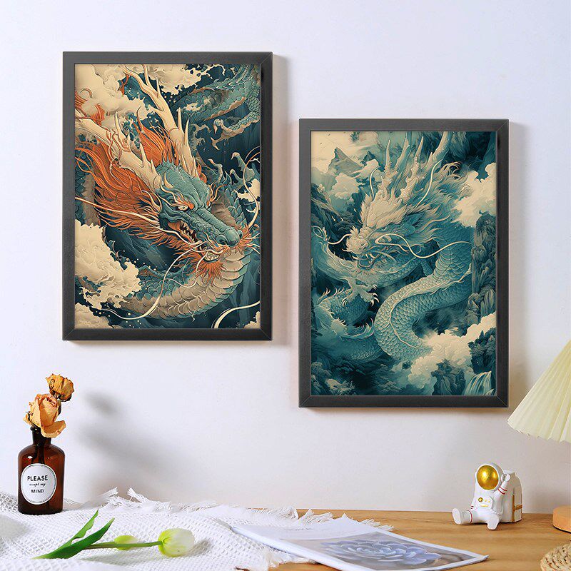 传统海浪云中神龙刺青A4海报框画纹身店客厅背景墙壁装饰挂画定制