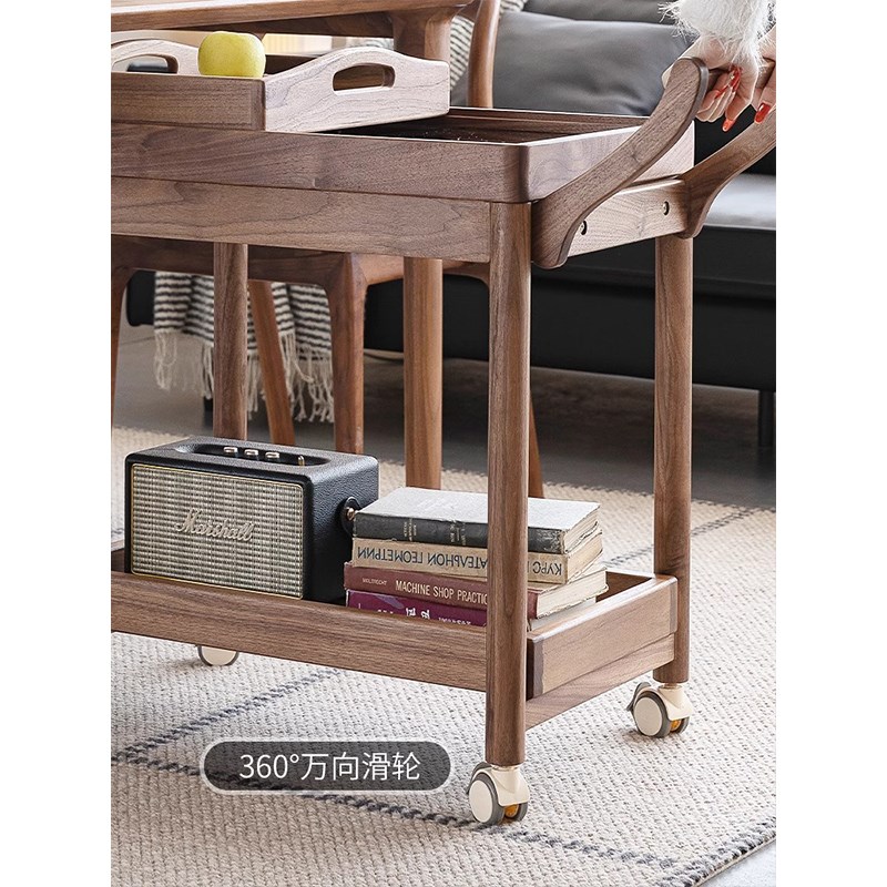 北美黑胡桃木边几小推车客厅沙发可移动带轮茶几全实木角几边柜
