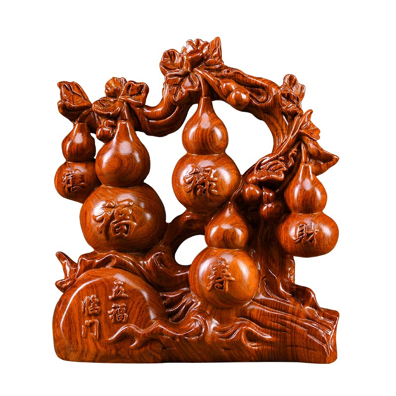 招财葫芦摆件实木雕刻五福临门葫芦家居客厅酒柜摆设新家乔迁礼品