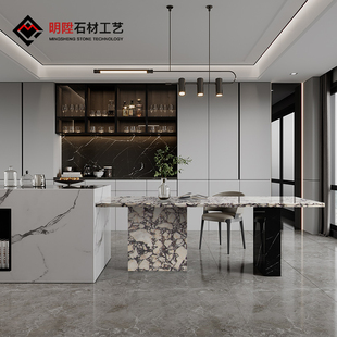 天然大理石云石大小户型现代长方形意式 极简岛台餐桌组合设计定制