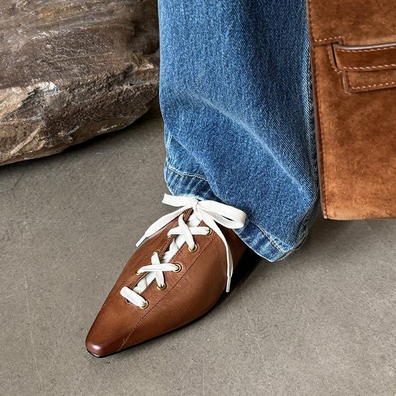 流行新款时髦小众真皮单鞋女四季鞋子法式复古尖头粗跟系带小皮鞋,女鞋,深口单鞋,淘宝优惠券,粉丝福利购,淘宝优惠卷