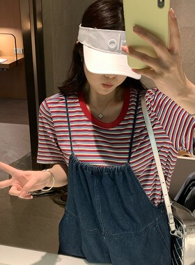 NAZ那子大码夏季纯棉气质松弛感胖mm设计感休闲条纹针织短袖T恤