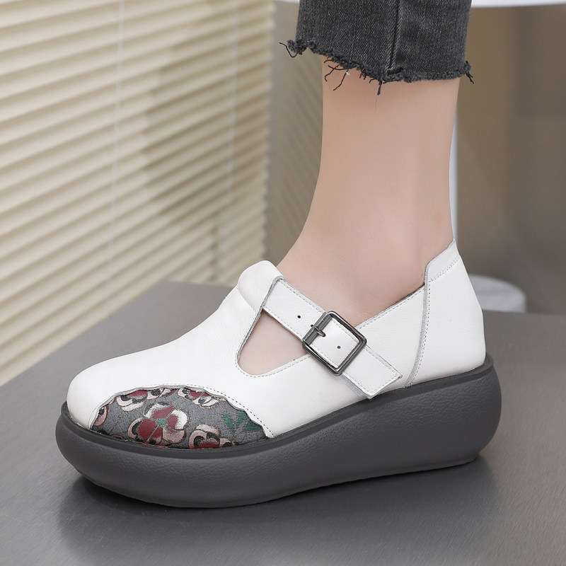 春秋松糕底女鞋圆头深口单鞋真皮魔术贴复古妈妈鞋软底软面厚底鞋,女鞋,浅口单鞋,淘宝优惠券,粉丝福利购,淘宝优惠卷