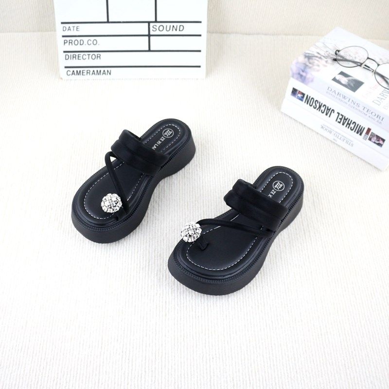 36夏季新款撤柜粗跟厚底水钻套趾一字绑带时尚仙女风女外穿凉拖鞋,女鞋,一字拖,淘宝优惠券,粉丝福利购,淘宝优惠卷