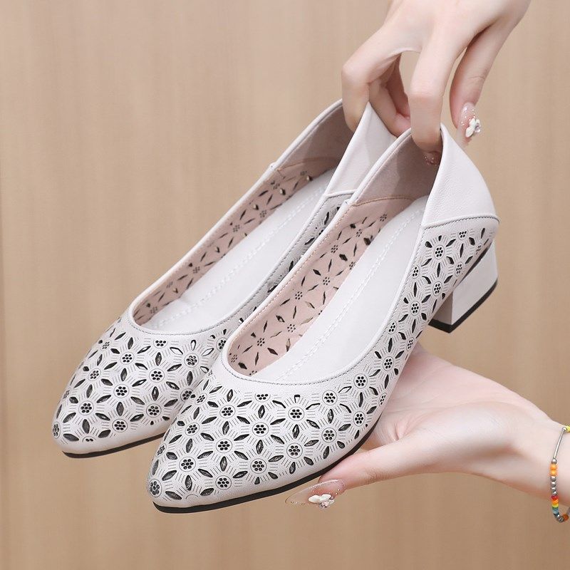 春秋镂空洞洞鞋一脚蹬粗跟浅口单鞋真皮尖头中跟妈妈鞋小码女鞋33,女鞋,浅口单鞋,淘宝优惠券,粉丝福利购,淘宝优惠卷