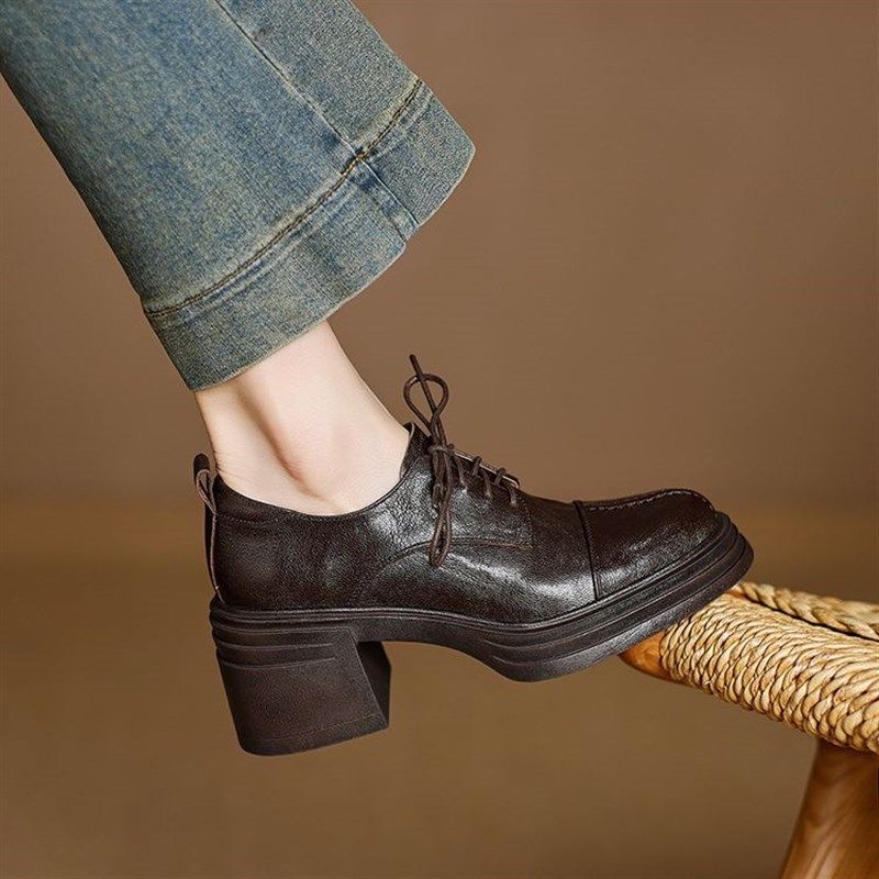 英伦风厚底防水台小皮鞋女真皮2025新款秋季高跟粗跟百搭系带单鞋,女鞋,深口单鞋,淘宝优惠券,粉丝福利购,淘宝优惠卷