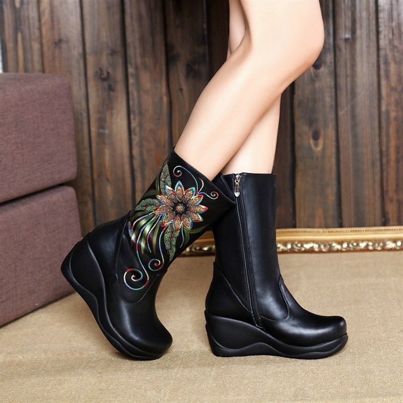 民族风纯皮女鞋胖脚女靴中筒长靴中跟坡跟厚底单靴秋冬季女式棉靴,女鞋,时装靴,淘宝优惠券,粉丝福利购,淘宝优惠卷
