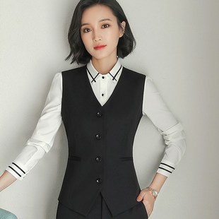 春秋女式西装马甲V领显瘦收腰工装带口袋职业套装马夹背心工作服