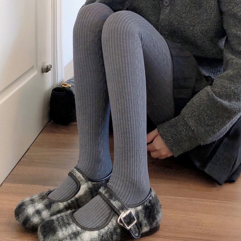 秋冬季加厚浅灰色连裤袜羊毛保暖烟灰色打底裤袜条纹咖啡色丝袜女