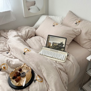 鹅教授柔软双层纱全棉四件套 毛巾绣纯棉床单床笠4件套单人三件套