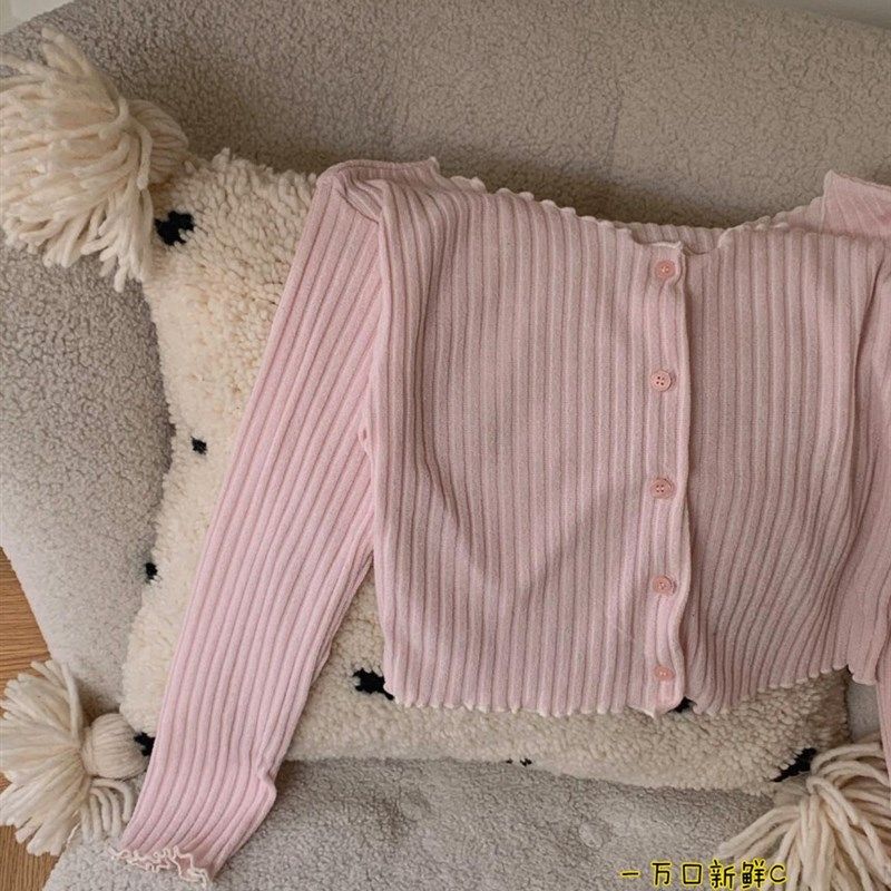 一颗奶油桃子 浪漫春天~ 波浪边短款针织上衣粉色V领长袖毛衣开衫,女装/女士精品,毛针织衫,淘宝优惠券,粉丝福利购,淘宝优惠卷