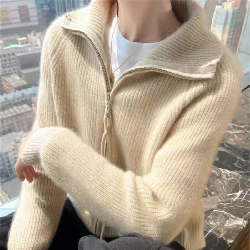 街头休闲拉链开衫毛衣外套女修身翻领2024新款秋冬立领打底针织衫