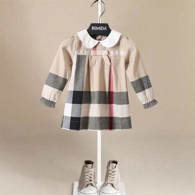 女童大格纹娃娃领蝴蝶结衬衫春秋装新款女宝宝纯棉连衣裙英伦