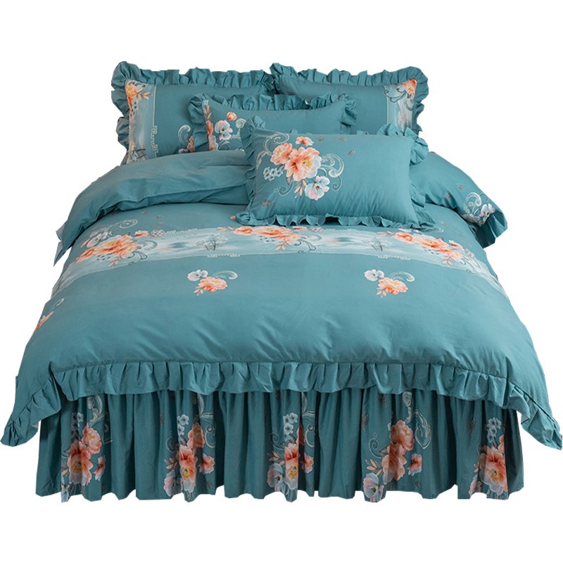 加厚80支长绒棉床裙式四件套公主风床上纯棉磨毛床罩全棉花边被套