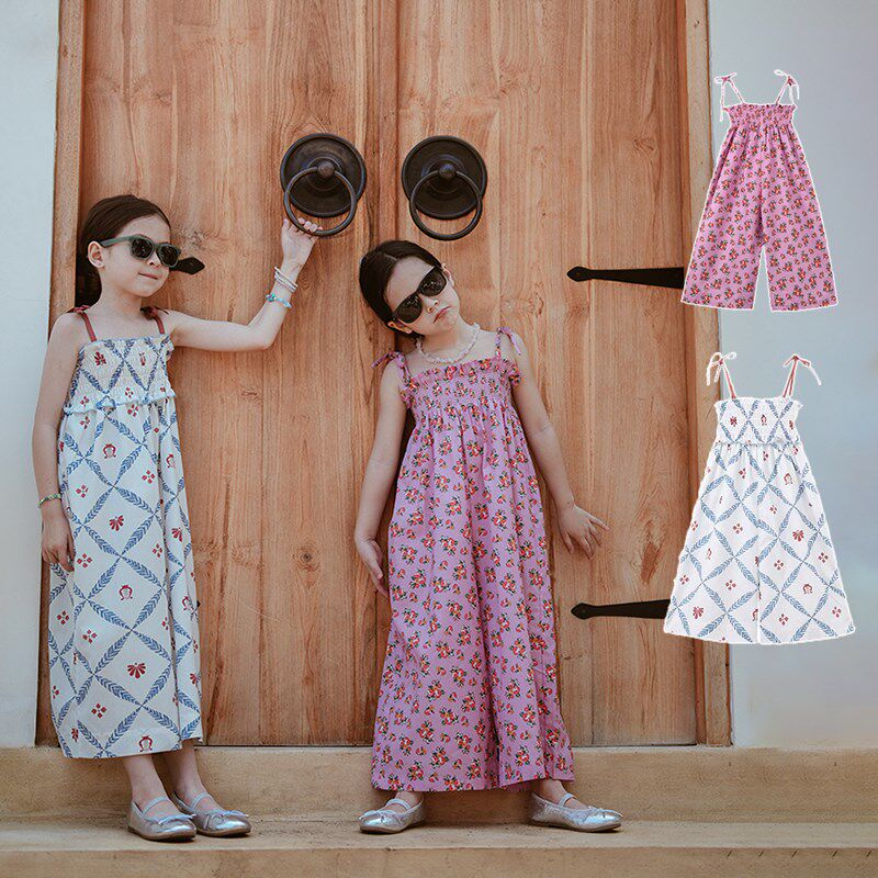 女童碎花吊带连体裤2024夏季新款洋气休闲度假长裤儿童宽松阔腿裤