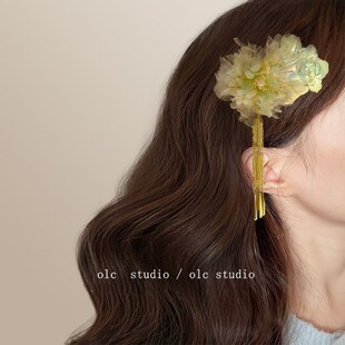 入画江南!黄色牡丹发夹!小清新烫花边夹汉服流苏头饰盘发器
