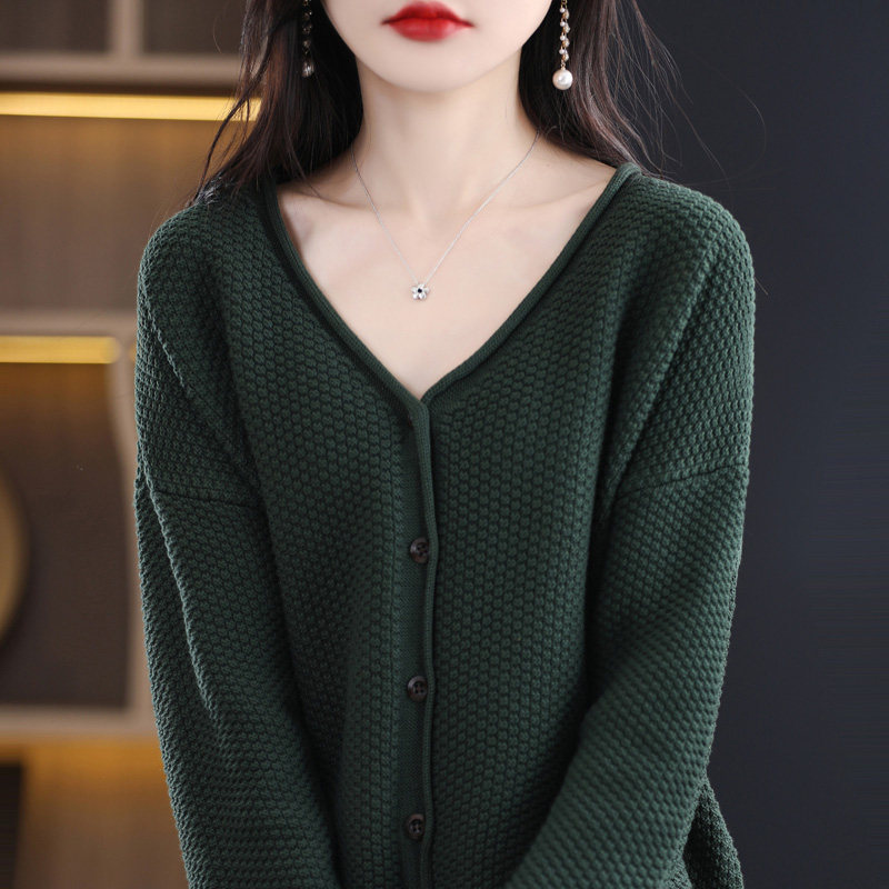 纯棉线长袖针织开衫女短外套毛衣V领宽松休闲外搭短款上衣线衫女