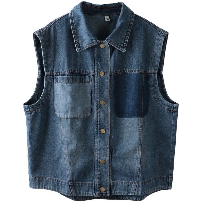 大码牛仔马甲背心女胖mm春夏季新款复古撞色口袋翻领马夹外套外穿