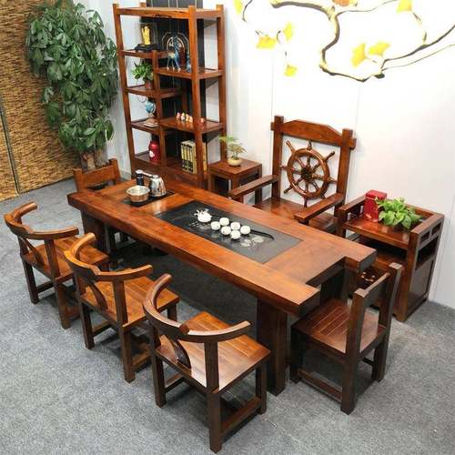 老船木茶桌椅组合办公室椅体茶几实一木桌一YRU五泡茶台家用茶桌