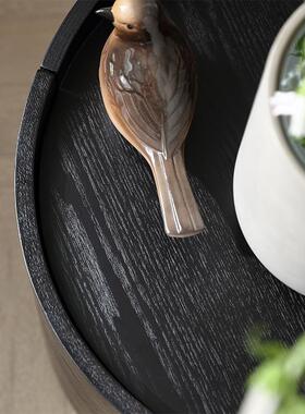 床头极简实木网红烟熏色室圆形卧储物柜意式创意橡木床柜边柜XVT