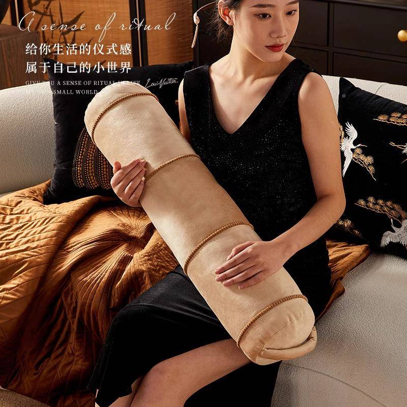 中式圆柱长jx048条抱背枕厅家用绿色中国风床头靠垫客沙发靠枕扶