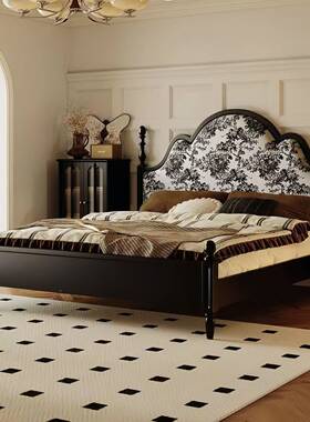 现代简约古法式复古实木床黑色1.美式双人床1.8物主卧高XLW风箱储