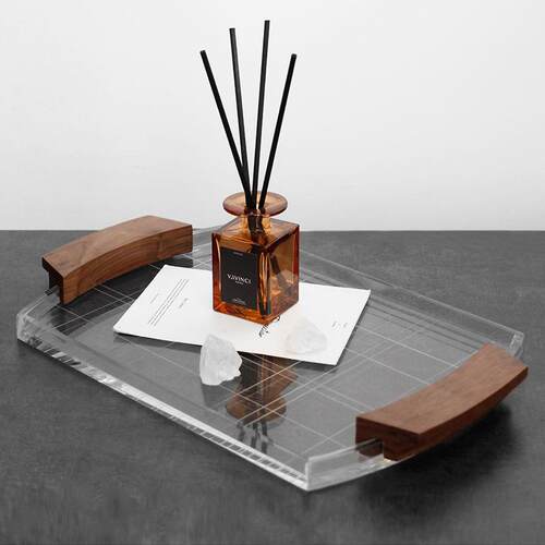 现轻透奢明格代纹托盘仿木纹把手餐厅厅卧室家TQK居高端客收纳饰