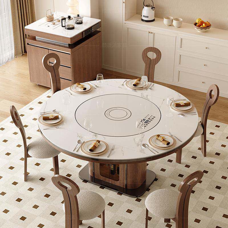 板现岛台餐桌一体家用可分离代轻奢带智1能菜转盘暖实木伸缩圆岩