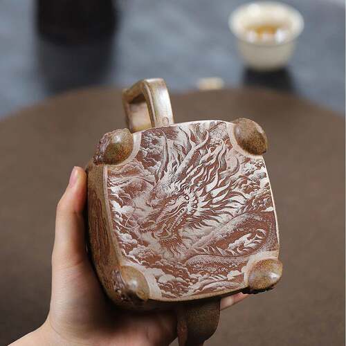 四足龙尊柴烧手工刻字画茶壶宜兴紫砂壶工堂直播供货源头茶具