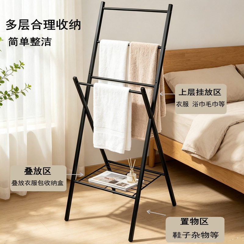 跨境落地毛巾架立式免打孔金属浴巾架立式挂衣杆毛巾架门口挂包架