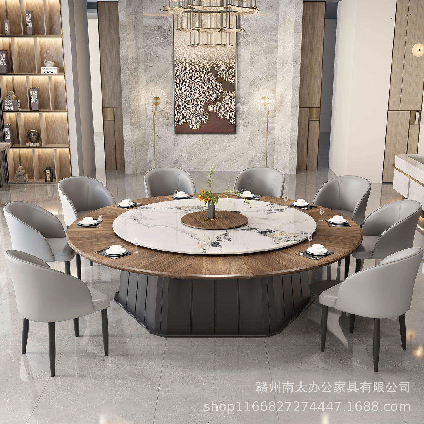转酒圆店电动餐桌大圆会桌盘2米3米多人饭店包厢宴形餐桌岩A1板餐