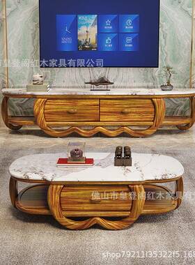 新中式乌木大理石视茶几电柜组合抽客厅奢华金别墅储83851物屉茶
