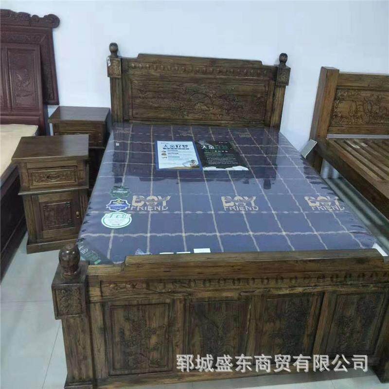新床1-111中式木简约老榆木双木人床质家具床卯榫榆木床家用婚床