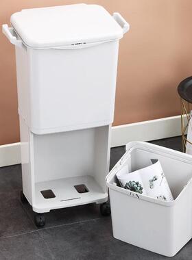 日式创意双垃层分类IHV塑圾桶家用厨房厨余干分离带轮带盖料湿垃