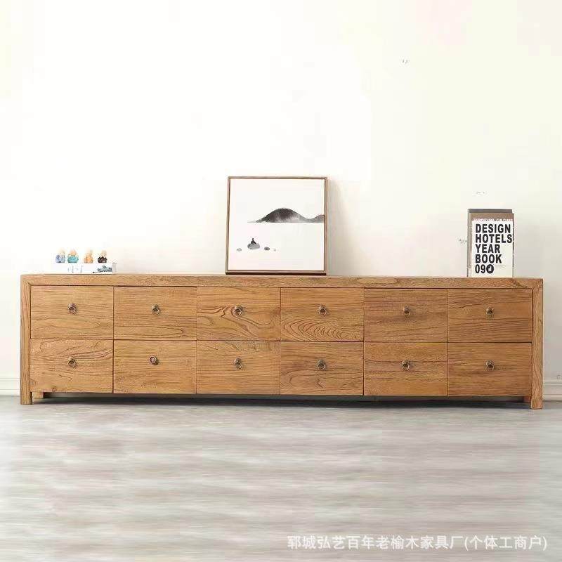 老榆木电视柜家用客厅全榆地木简木约条柜风化纹理家用实长VZV电