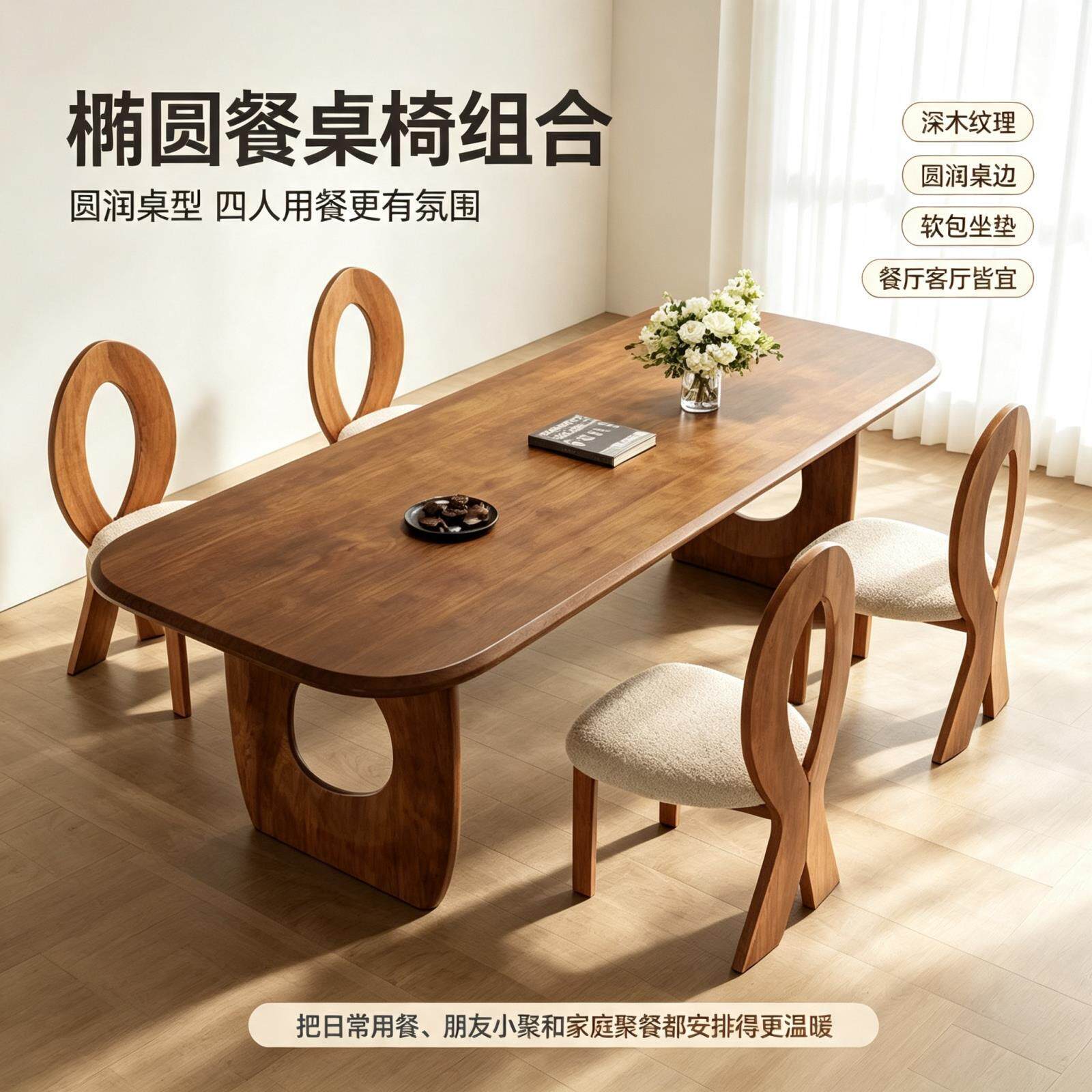 全实木中古风原木家用创意餐桌椅组合吃饭餐桌工作台一体椭圆长桌