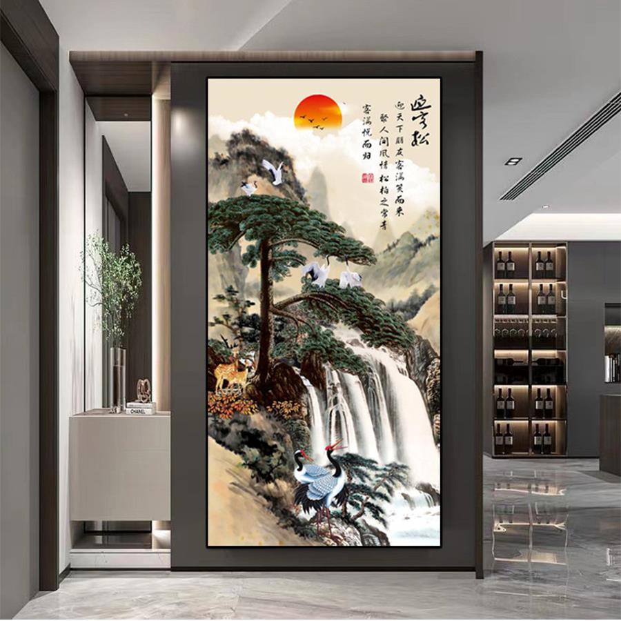 迎客松现代玄关装饰画新中式壁画竖版玄幻山水画入户过道走廊挂画