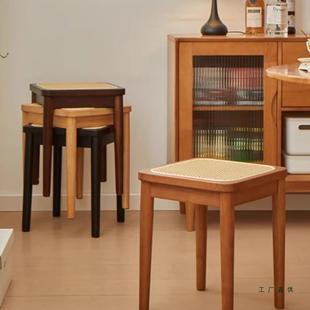 实木藤凳备子家用可编IYZ叠放方凳中古风客凳厅客人用高板凳餐桌