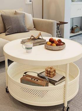 奶油风轻奢岩板客厅茶几小可户用型家圆形网带红轮移动IOP小推车