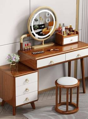 新中色式梳妆台卧室台实木原木梳妆PRV2025体镜子带一灯收纳储物