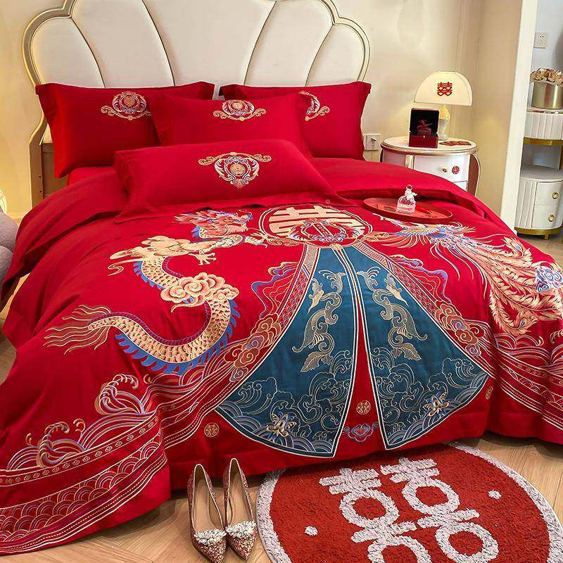 高turft216龙档凤绣水洗棉床婚庆四件套喜庆大红新刺婚被套单陪嫁