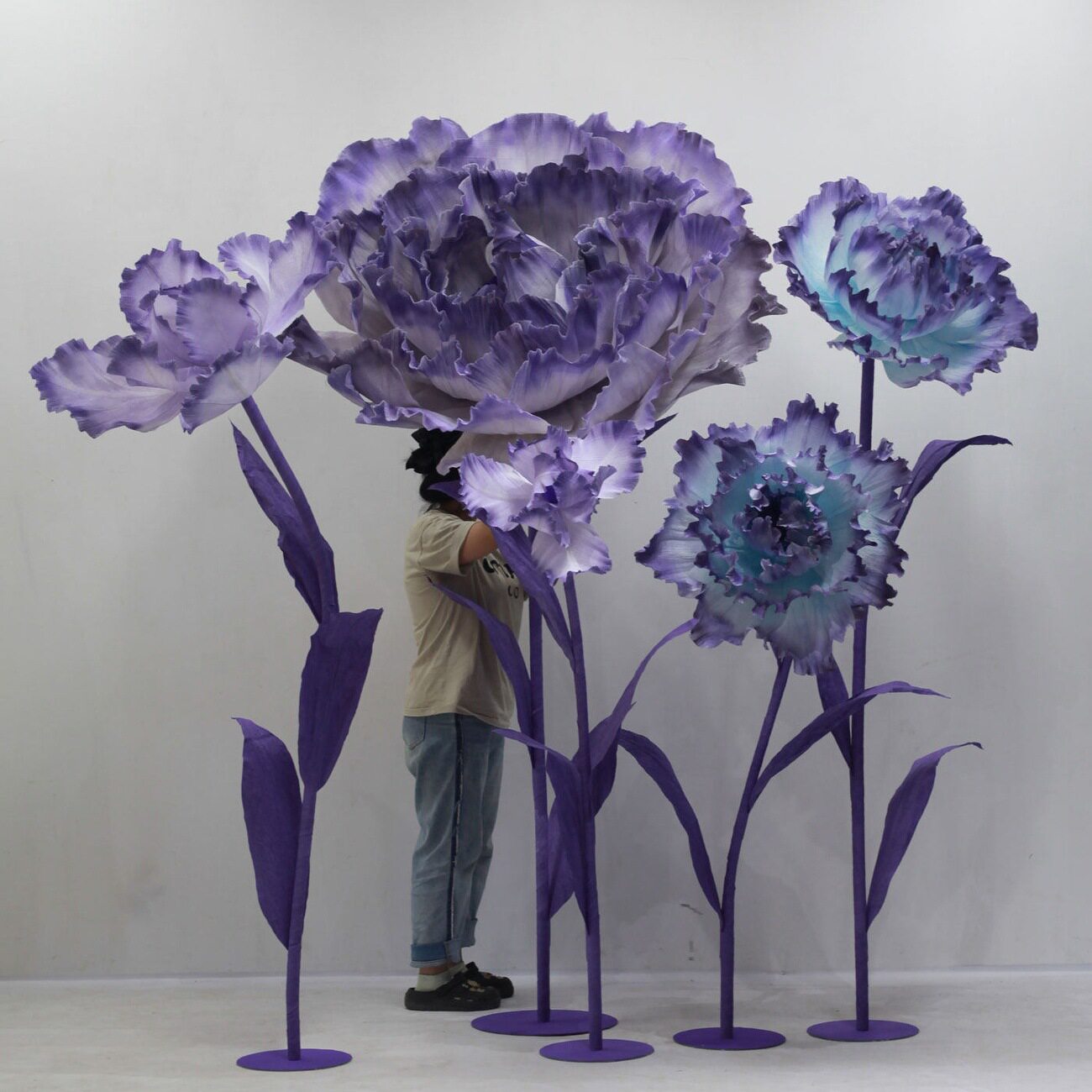 紫色皱纹纸艺花虞美人大型立杆装饰假花商场美陈道具巨型纸花成品