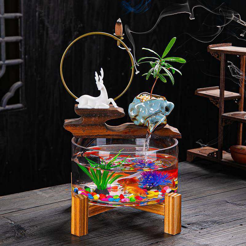 厅创意陶瓷玻璃流水摆加件喷NOY泉湿器鱼缸办室公客招财家居装饰