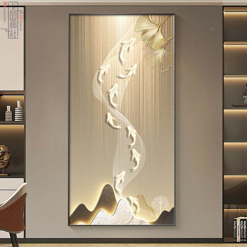 九鱼图轻奢玄装饰画LED发灯画关入户门挂画ORA走廊过寓道光意好壁